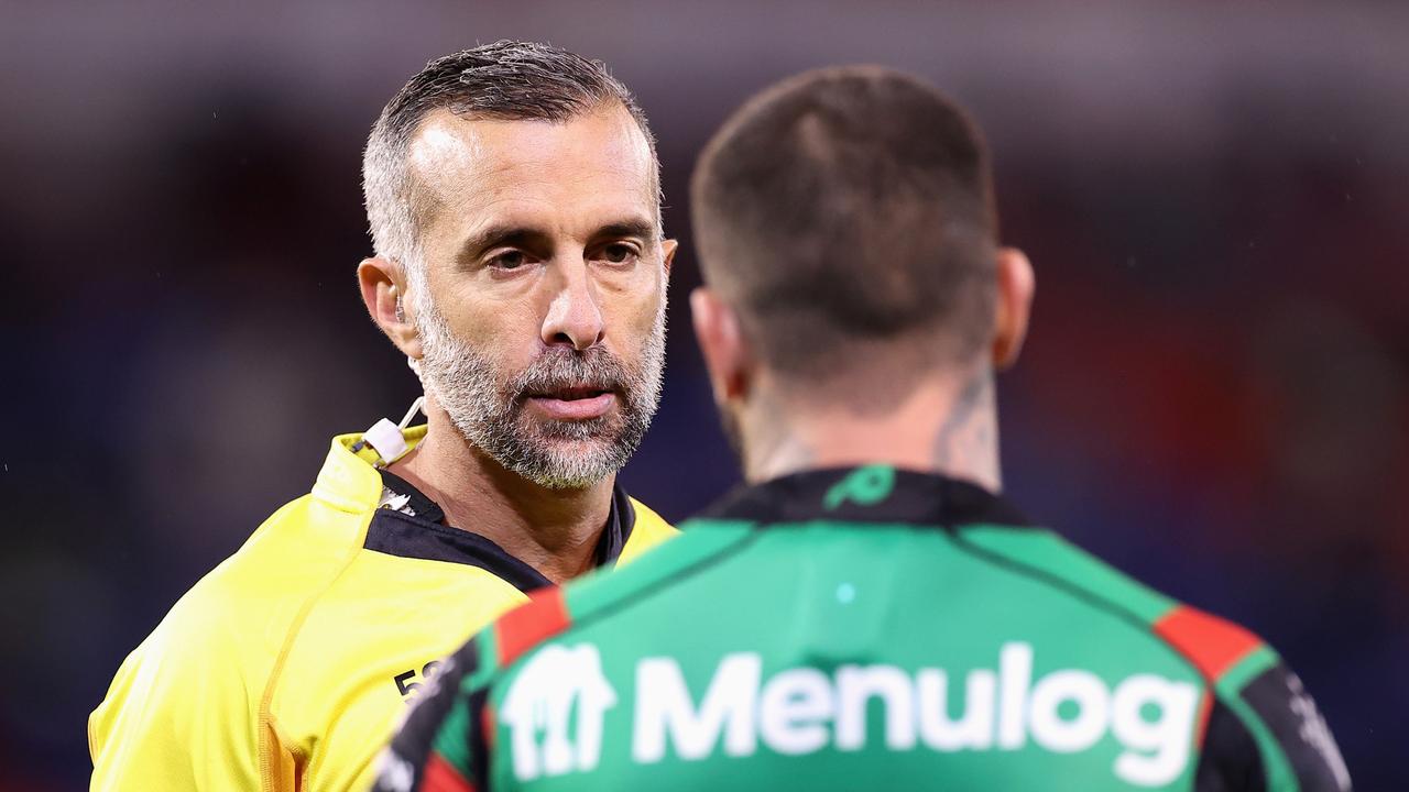 Referee Matt Cecchin talks to Adam Reynolds (Photo by Mark Kolbe/Getty Images)