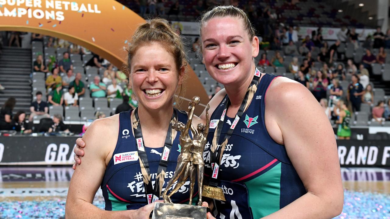 Caitlin Thwaites (right) and Vixens teammate Tegan Philip celebrate victory after the 2020 Super Netball Grand Final. Picture: Getty Images