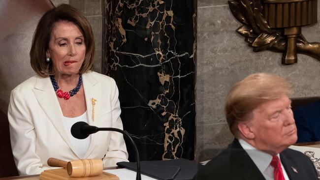 Speaker of the US House of Representatives Nancy Pelosi listens as US President Donald Trump delivers the State of the Union address. Picture: AFP