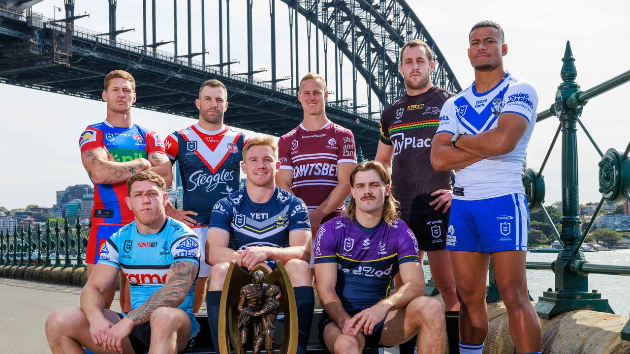 Daily Telegraph. 09, September, 2024. Kalyn Ponga, Cameron McInnes, James Tedesco, Tom Dearden, Daly Cherry-Evans, Ryan Papenhuyzen, Isaah Yeo, and Stephen Crichton, at the NRL Finals Launch, at Hickson Road Reserve, today. Picture: Justin Lloyd.