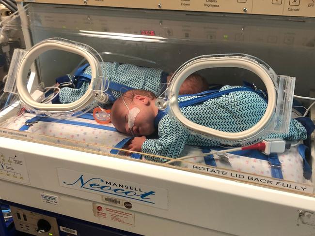 Twins Nash and Reuben were delivered 36 hours after arriving at Mater Mothers’ Hospital, weighing just 900 grams each. Photo/RFDS