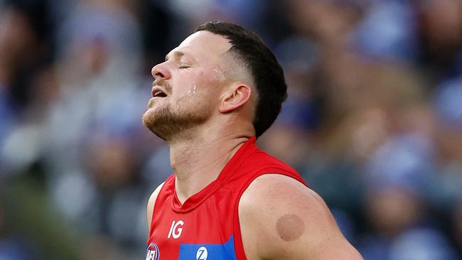 MELBOURNE, AUSTRALIA - JUNE 10: Steven May of the Demons looks on during the 2024 AFL Round 13 match between the Collingwood Magpies and the Melbourne Demons at The Melbourne Cricket Ground on June 10, 2024 in Melbourne, Australia. (Photo by Michael Willson/AFL Photos via Getty Images)