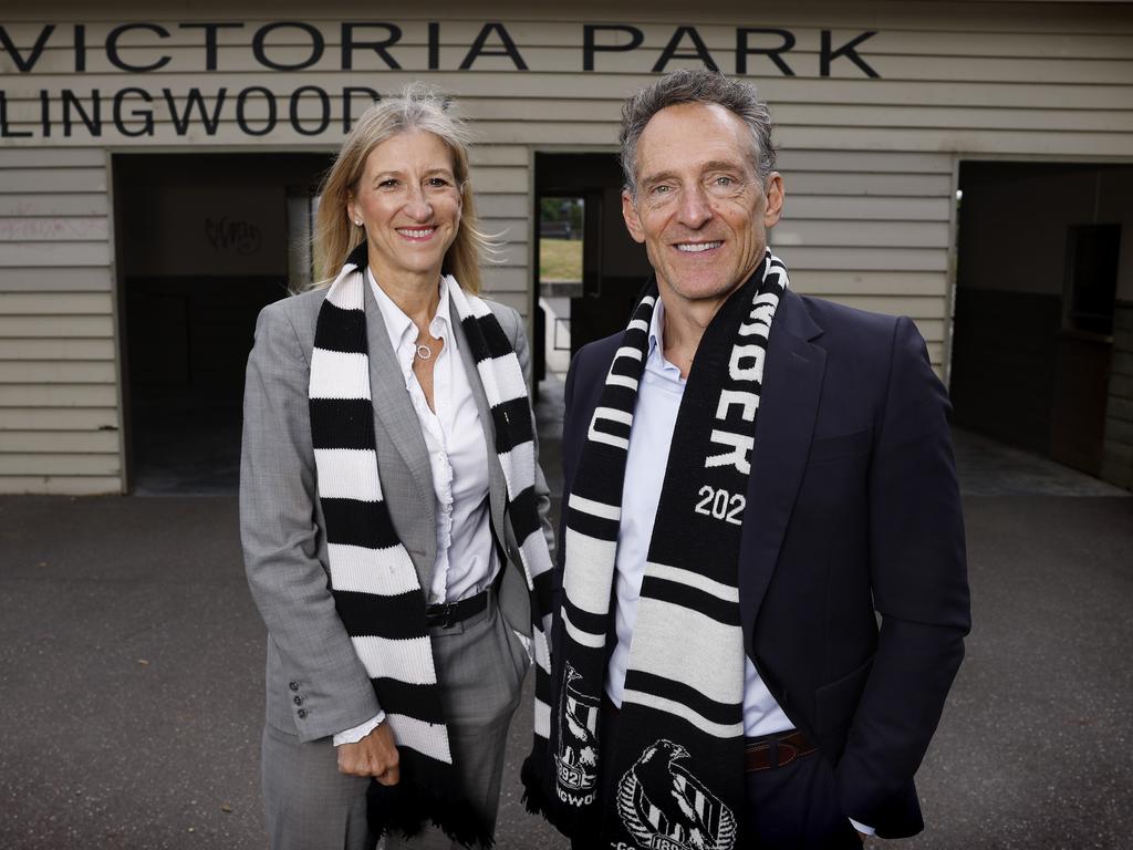 Collingwood’s likely next president Barry Carp and board nominee Gaye Morris at the Pies spiritual home — Victoria Park. Picture: Michael Klein