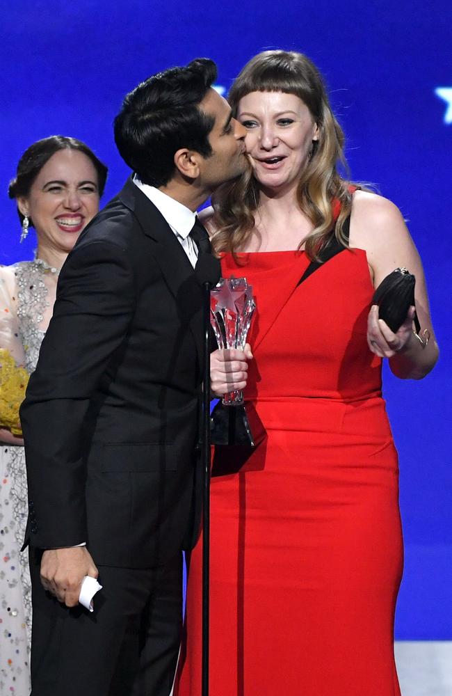 Kumail Nanjiani and Emily V. Gordon accept Best Comedy for ‘The Big Sick’ onstage during The 23rd Annual Critics’ Choice Awards at Barker Hangar on January 11, 2018 in Santa Monica, California. Picture: AFP