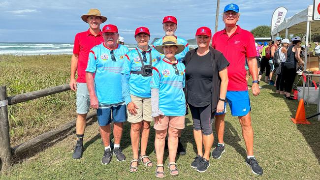 The Byron Coastal Charity Walk celebrated its 10th year running on Saturday with over 850 entrants from across NSW and QLD. Left: WRHS Acting CEO James Lawrence, volunteers Jim Savins, Maryanne Sewell, Steve Dawson, Cathy Dalton, WRHS Community Fundraising Coordinator Melinda Mak, and volunteer Mark Humphries, at the Lennox Head finish line. Picture: Cath Piltz