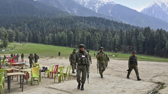 Indian security officers inspect the site of a deadly April 22 terror attack in the town of Pahalgam, in Indian-controlled Kashmir. Picture: AP