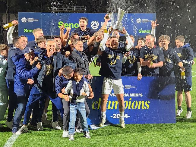 Oakleigh Cannons celebrates its NPL Victoria championship.