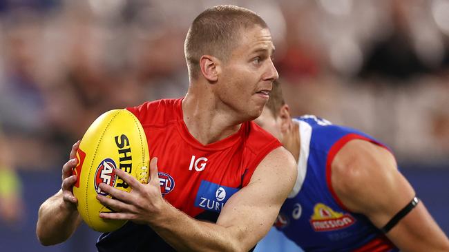 MELBOURNE . 18/03/2023.  AFL Round 1.  Melbourne vs Western Bulldogs at the MCG.  Lachie Hunter of the Demons during the 1st qtr.   Pic: Michael Klein