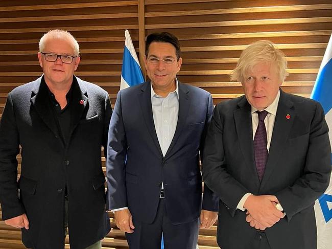 Danny Danon, Israels 17th Permanent Representative to the UN, with Boris Johnson, the former Prime Minister of Great Britain and Scott Morrison, the former Prime Minister of Australia, in Israel on November 5, 2023. Picture: Twitter -https://twitter.com/dannydanon/status/1721035508610961459/photo/1