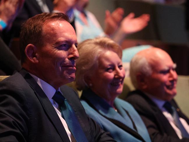 Tony Abbott, Jeanette Howard and John Howard at the Coalition’s campaign launch in May. Picture: Jason Edwards