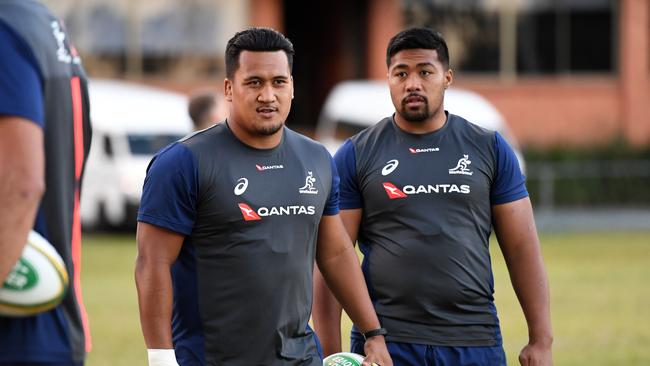 Wallabies hookers Brandon Paenga-Amosa and Folau Fainga’a in Brisbane.