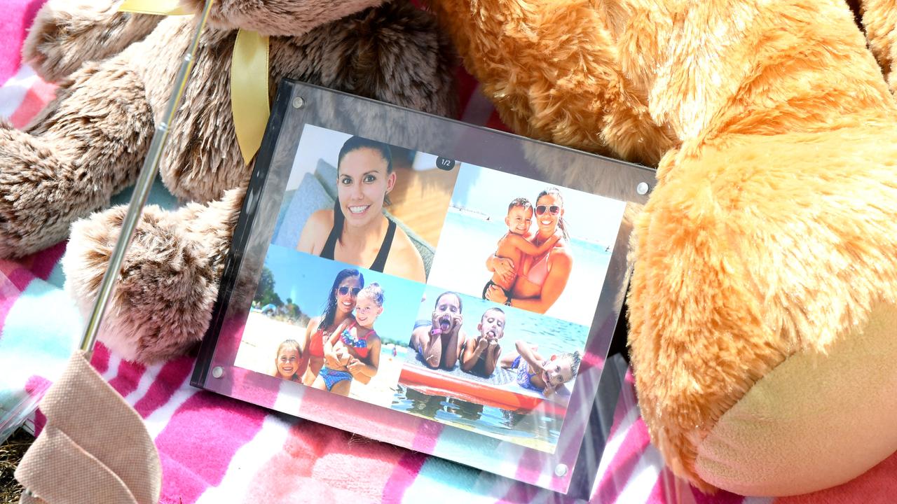 Teddy bears left at the scene where Hannah and her children were attacked by her estranged partner. Picture: AAP image, John Gass