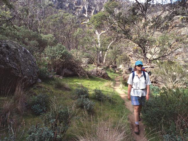 A bushwalker treks through Falcons Lookout at Werribee Gorge State Park.