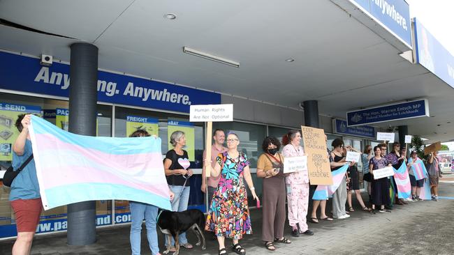 The Cairns trans community and supporting family members protest the State Government's pause on gender therapy including puberty blockers and hormone treatments. Wendy Ramsey led the rally on Wednesday, January 30, chanting "trans rights are human rights." Picture: Arun Singh Mann