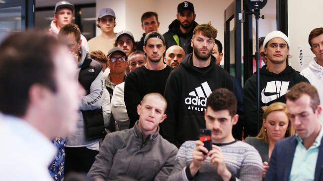 North Melbourne players listen to coach Brad Scott who confirmed he was stepping down from the role on Sunday. Picture: Michael Dodge (Getty).