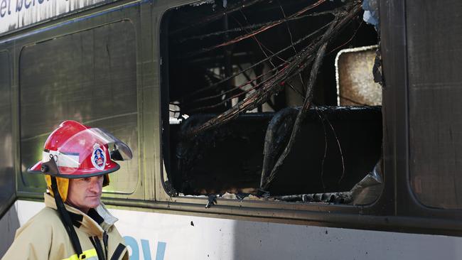 The bus fire is believed to have been caused by the engine overheating. Picture: Adam Yip