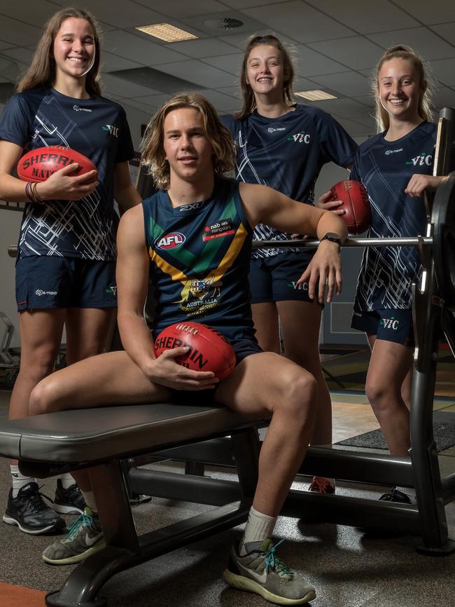 Ellie McKenzie, Jasmine Goodman, Jess Fitzgerald and Jack Bytel are among the Maribyrnong College students selected for AFL state representative sides. Picture: Mark Dadswell