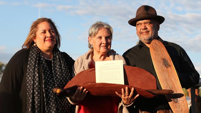 Megan Davis, Pat Anderson holding piti with Uluru Statement From The Heat inside, and Noel Pearson at the closing ceremony of the Indigenous Constitutional Convention held at Mutitjulu in 2017. Picture: James Croucher