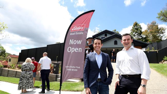 Premier David Crisafulli and Housing Minister Sam O’Connor announce changes to first homeowner subletting rules at an Open House in Shailer Park. Picture: David Clark