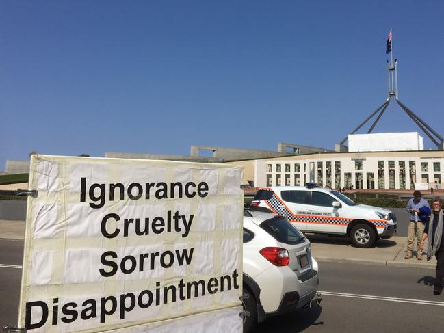 10-09-18 - Protest sign outside Parliament House Canberra this morning. Pic: James Jeffrey