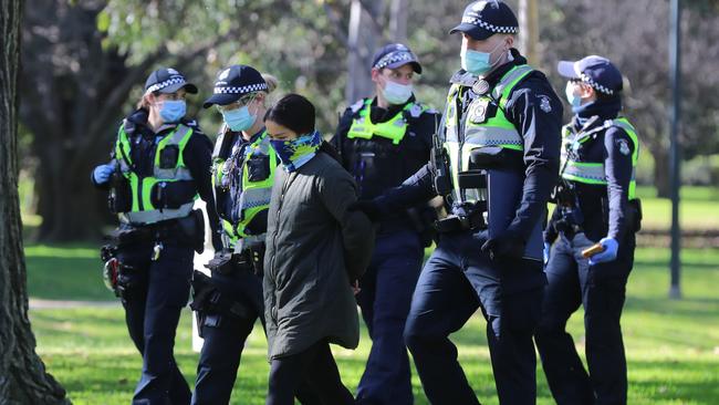 Police officers arrested several protesters. Picture: Alex Coppel