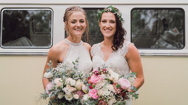 Schutt on her wedding day in March, 2019, when she married long-term partner Jess. Picture: BRODY GROGAN PHOTOGRAPHY.