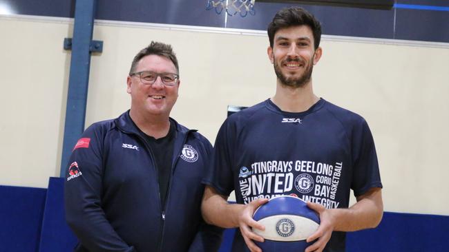 Geelong United Supercats recruit Matt McCarthy with head coach Grant Wallace. Photo: Geelong United Basketball.