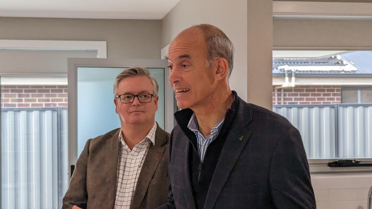 Housing Minister Guy Barnett and Liberal Bass MP Simon Wood at new social housing at Newstead, July 13, 2023. Picture: Alex Treacy