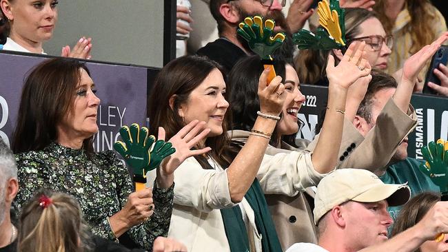 HOBART, AUSTRALIA - DECEMBER 26: Princess Mary of Denmark cheers the jackjumpers during the round 12 NBL match between Tasmania Jackjumpers and New Zealand Breakers at MyState Bank Arena, on December 26, 2022, in Hobart, Australia. (Photo by Steve Bell/Getty Images)