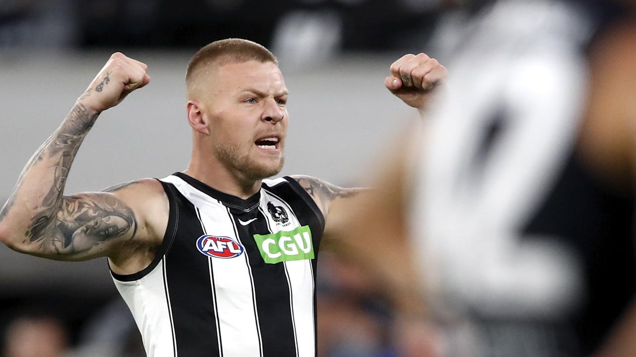 Jordan De Goey of the Magpies celebrates during a match between the Carlton Blues at the Melbourne Cricket Ground on Saturday. Picture: Dylan Burns/AFL Photos via Getty Images