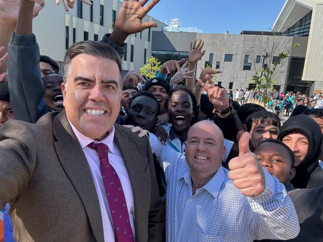 Milton Dick, Speaker of the House of Representatives, with Nationals MP Sam Birrell who holds the seat of Nicholls in northern Victoria. This photo is taken at Shepparton secondary college.