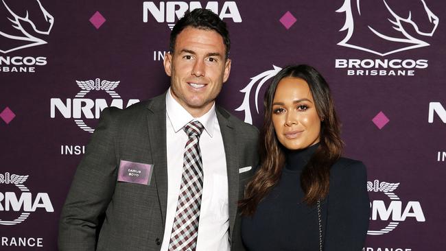 Darius and Kayla Boyd posing at the Broncos 2019 season launch at the Howard Smith Wharves, Brisbane 8th of Match 2019. (AAP Image/Josh Woning)