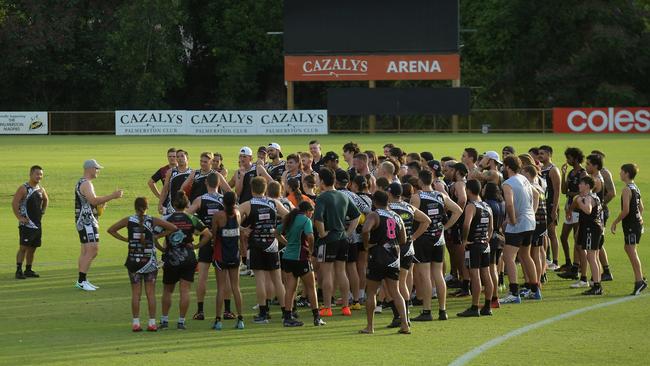 Gary Ablett Jr chats to all the teams at his first training with Palmerston Magpies ahead of his first game in the NTFL. Picture: (A)manda Parkinson