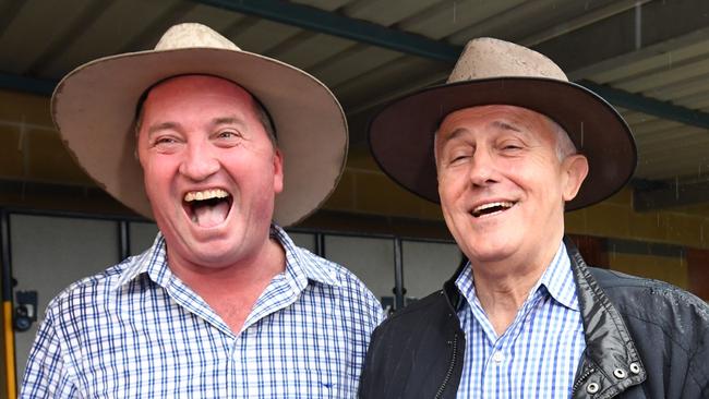 Mr Joyce greets Mr Turnbull at McCarthy Catholic College in Tamworth earlier in the day.