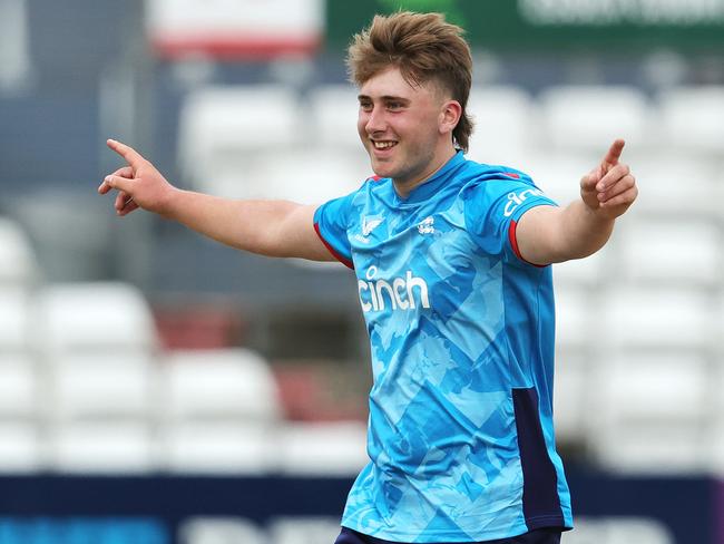 CHELMSFORD, ENGLAND - JUNE 28:  Noah Thain of England celebrates after taking the wicket of Gayana Weerasinghe during the 1st Youth ODI match between England U19's and Sri Lanka U19's at the Cloud County Ground on June 28, 2024 in Chelmsford, England. (Photo by David Rogers - ECB/ECB via Getty Images)