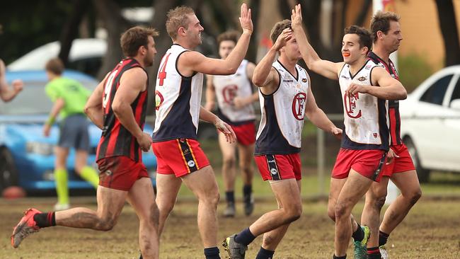 Flinders Park celebrate a goal during their match against Plympton at Flinders Park earlier this year. (AAP Image/James Elsby)