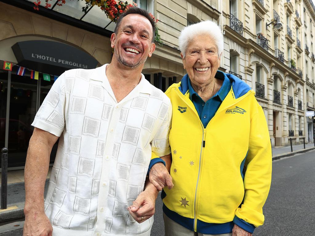 Matthew Johns chats with Australian swimming icon Dawn Fraser in the lead up to the Paris Olympics 2024. Picture: Adam Head