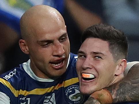 Parramatta's Mitchell Moses celebrates after scoring a try during the Parramatta v Brisbane Elimination NRL Final at Bankwest Stadium, Parramatta. Picture: Brett Costello