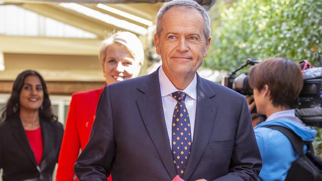 Opposition leader Bill Shorten, Deputy Leader Tanya Plibersek and Labor candidate for Deakin, Shireen Morris in Mitcham. Picture: AAP