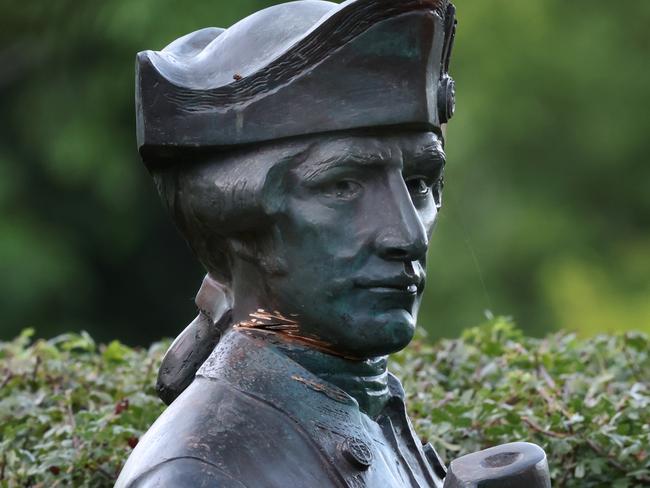 MELBOURNE, AUSTRALIA- NewsWire Photos FEBRUARY 25, 2025: Vandals spray painted Cooks cottage (paint already removed) and attempted to cut the head off the Statue of Captain Cook in the Fitzroy Gardens, Melbourne. Picture:  NewsWire/ David Crosling