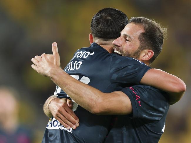 Marco Tilio (left) is congratulated by teammate Andreas Kuen after scoring a goal for Melbourne City. Picture: Hagen Hopkins/Getty Images