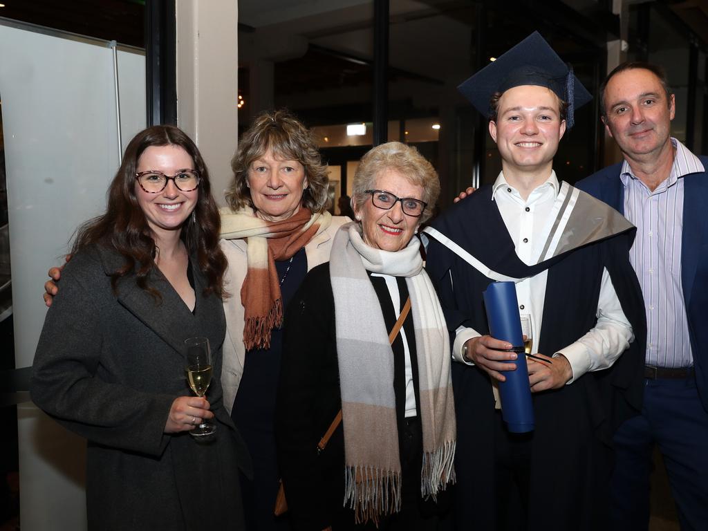 Sophie Alexander, Sue Harman, Denise Harman, Domonic Randall and Steve Randall. Deakin University graduation arts and SEBE faculty. Picture: Alan Barber