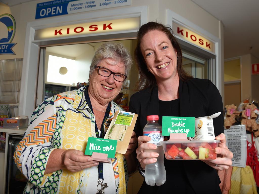 Sandringham Hospital kiosk volunteer Carol Anderson and dietitian Kia Noble are using the traffic light system to help people make healthier choices. Picture: Josie Hayden