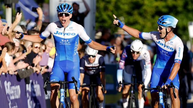 Kelland O'Brien (left) celebrates his win with teammate Blake Quick (right) during the elite criterium at the Australian National Road Race Championships in Ballarat. Photo by Con Chronis/AusCycling