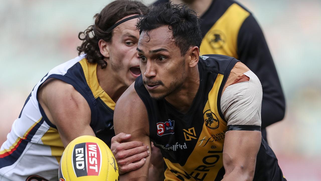 SANFL - PRELIMINARY FINAL - Glenelg v Adelaide Crows at Adelaide Oval. Marlon Motlop and William Hamill Picture SARAH REED