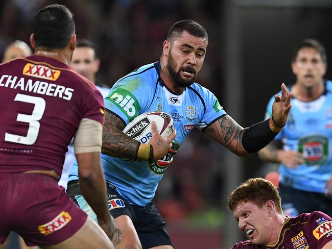 Andrew Fifita runs amok against Queensland in game one. Picture: AAP