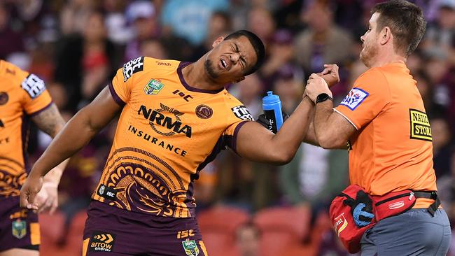 Payne Haas dislocated his shoulder against the Sea Eagles last weekend. Picture: AAP Image/Dave Hunt