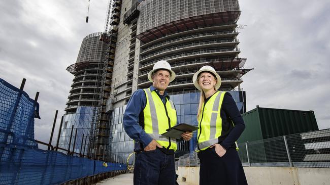 Chuck Clatterbuck and Erin van Tuil at the Crown site at Sydney’s Barangaroo. Picture: Hollie Adams