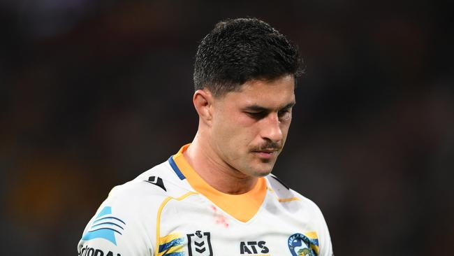 BRISBANE, AUSTRALIA - AUGUST 23: Dylan Brown of the Eels looks dejected during the round 25 NRL match between Brisbane Broncos and Parramatta Eels at Suncorp Stadium, on August 23, 2024, in Brisbane, Australia. (Photo by Matt Roberts/Getty Images)