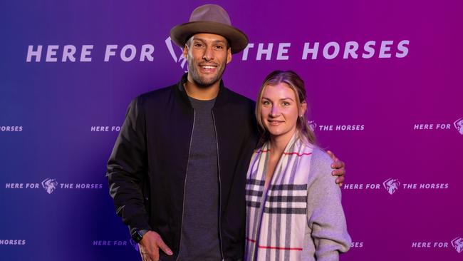 Josh Gibson and Jamie Kah at the premiere of Racing Victoria’s equine welfare documentary Here for the Horses, at The Lume. Picture: Jay Town/Racing Photos